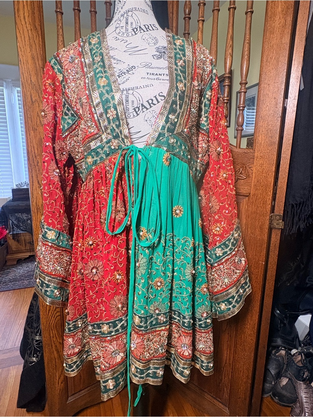 Embroidered Red & Teal Boho Tie-Front Jacket